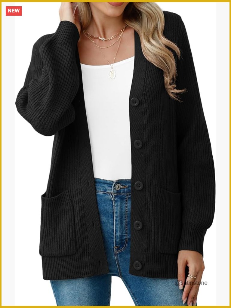 Women Chunky Knit Cardigan Sweater Long Sleeve V Neck Button Up Cardigan With